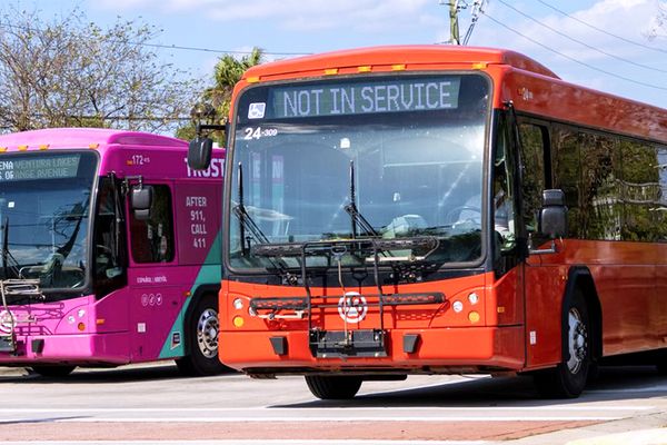 Red and pink Lynx busses leave the downtown Orlando Central Station.